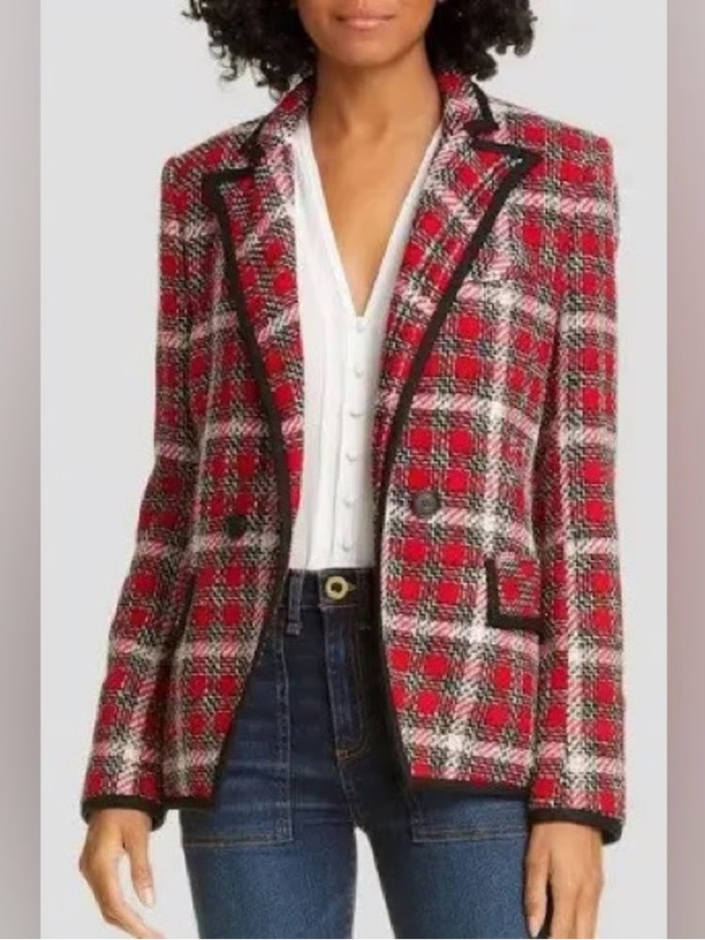 Veronica Beard Tweed Harriet Cutaway Dickie Blazer Red Black Plaid Lined Jacket